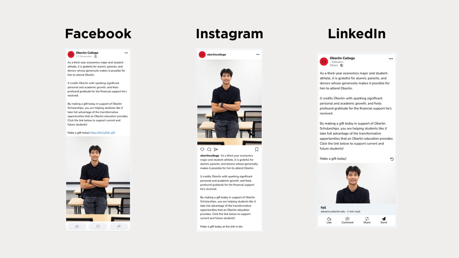 One scholarship giving appeal laid out side by side as a Facebook, Instagram, and LinkedIn post