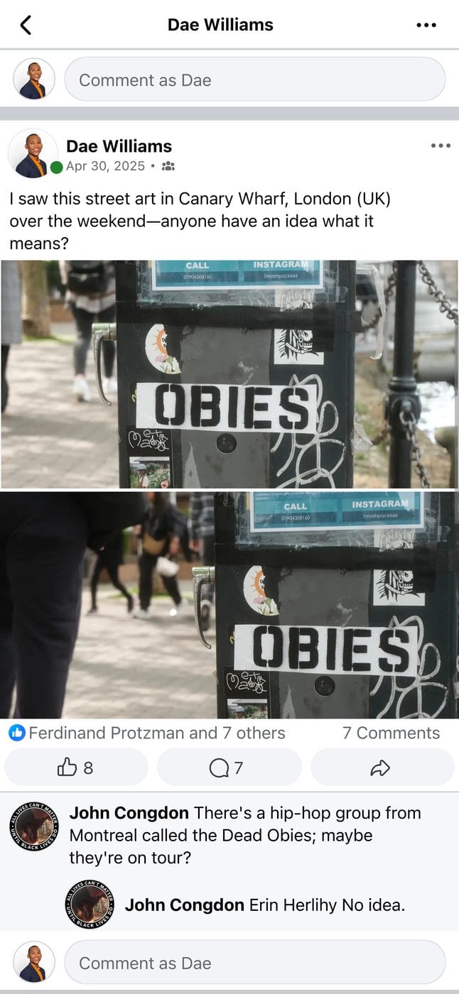 Screenshot: Dae asks the Oberlin Alumni Facebook group about “OBIES” street art he saw in London; alumni reply in the comments