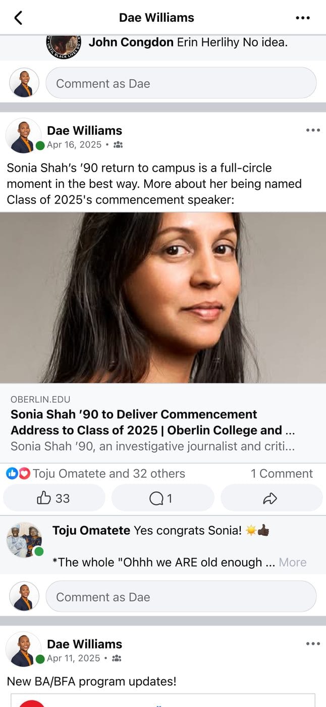 Screenshot of a post by Dae Williams in the Oberlin Alumni Facebook group, with reactions and comments