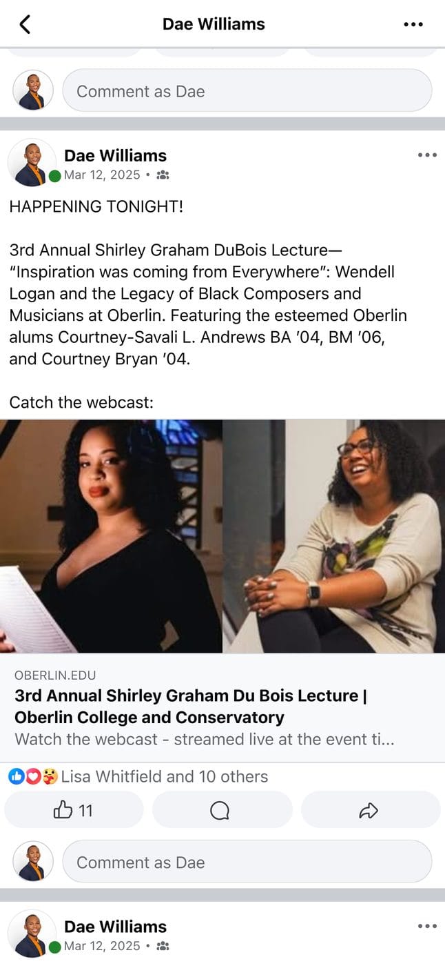 Screenshot of a post by Dae Williams in the Oberlin Alumni Facebook group, with reactions and comments