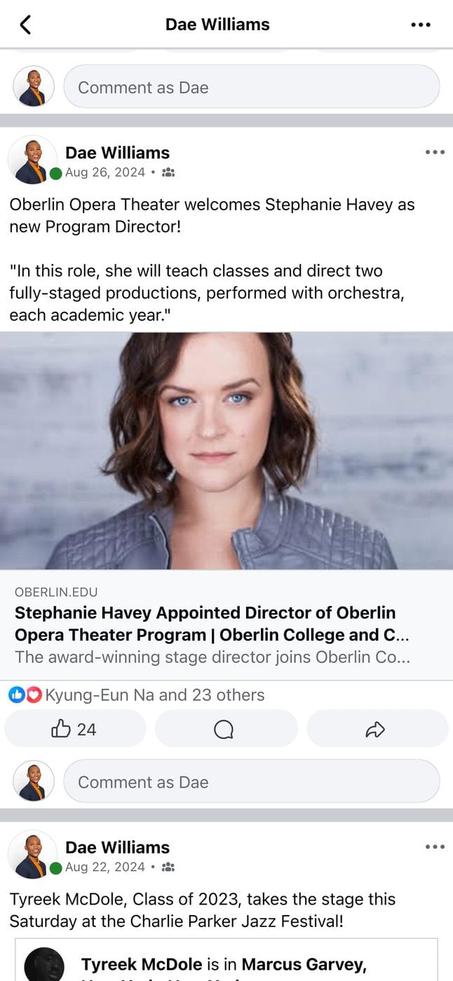 Screenshot of a post by Dae Williams in the Oberlin Alumni Facebook group, with reactions and comments