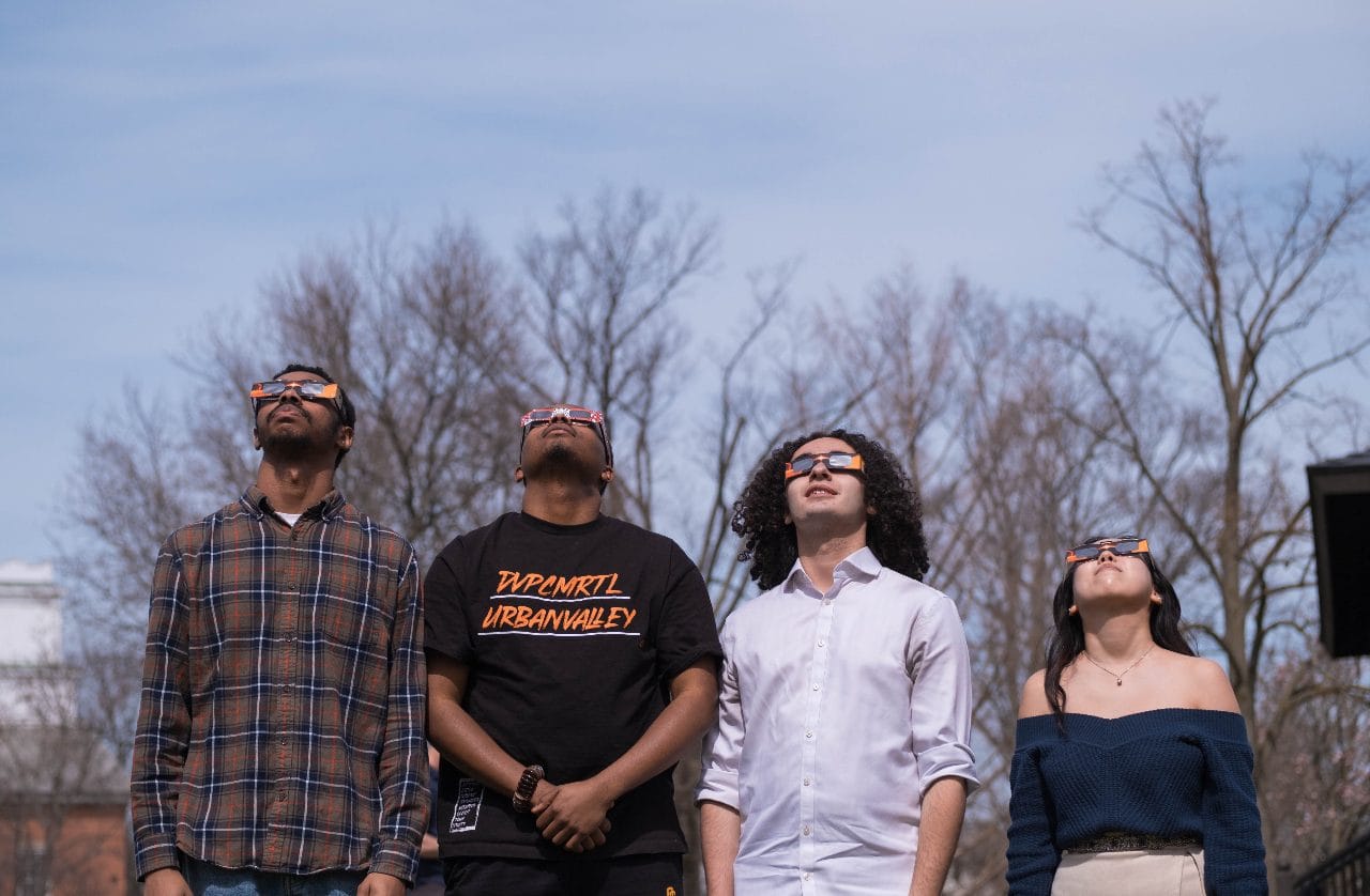 Four people standing under bare trees, all looking up, April 2024