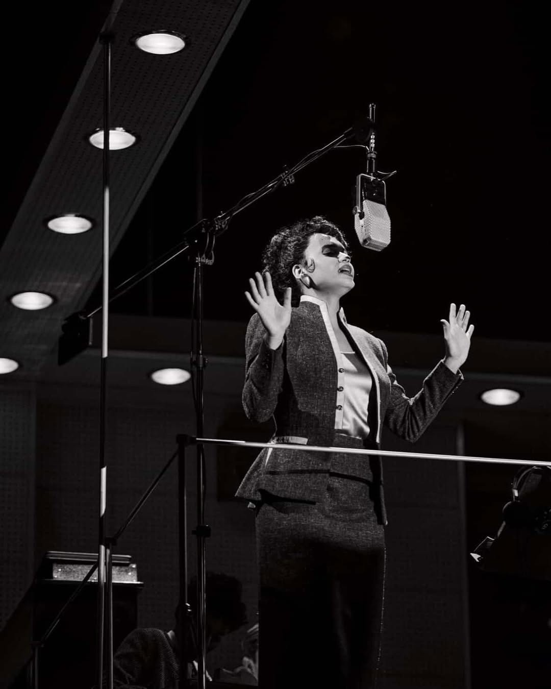 Black-and-white photo of Georgia Heers performing on a Broadway stage